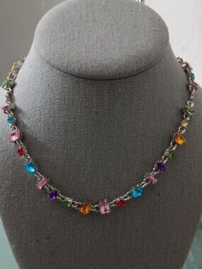 DESIGNER Mod/Contemporary Vibrant Multicolor Crystals Silver Chain Necklace**NEW